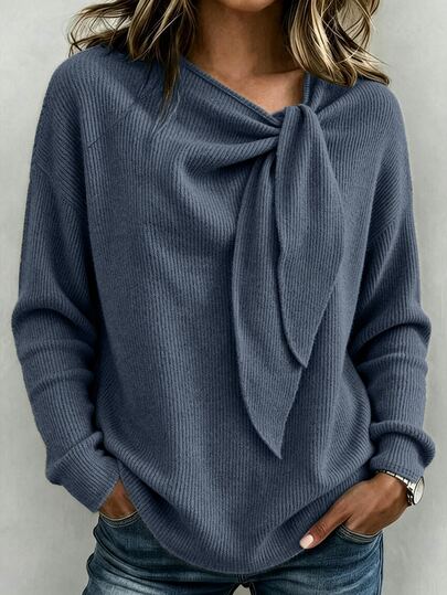 Weeklong 2026 New Round Neck Tie-Up Knit Loose Long Sleeve T-Shirt, Casual Fashion T-Shirt For Daily Wear, Streetwear And Afternoon Tea Fall