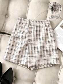 GlowEve CURVE Plus Size Elegant Casual Commuter Plaid Wrap Skort Fall Office Formal Blue White Stripe - Apricot - View 1