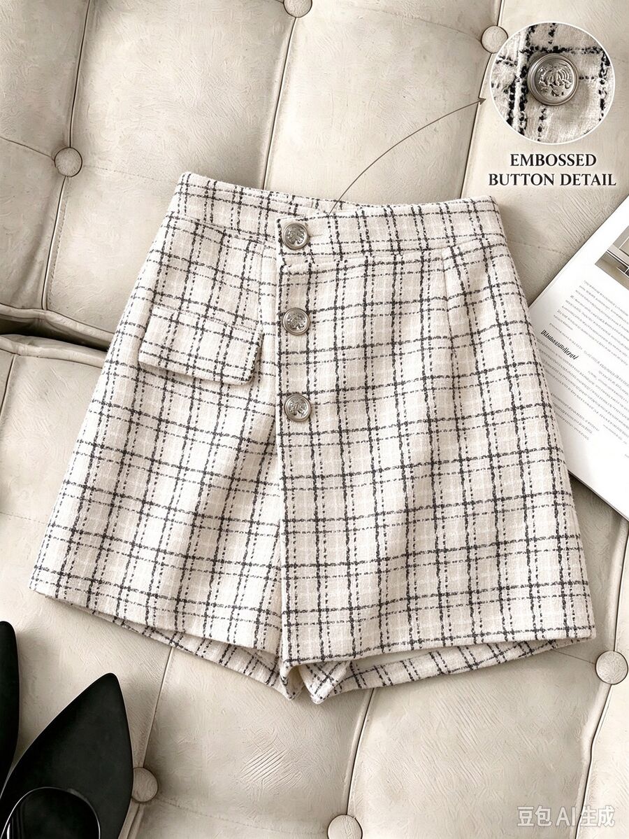 GlowEve CURVE Plus Size Elegant Casual Commuter Plaid Wrap Skort Fall Office Formal Blue White Stripe - Apricot - View 1