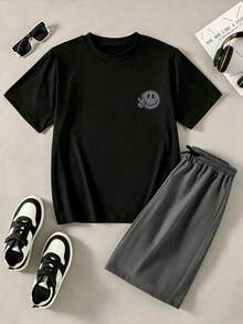 SHEIN 2件組 青少年男孩時尚黑色T恤與綠色短褲休閒套裝 - 灰色 - 查看 1