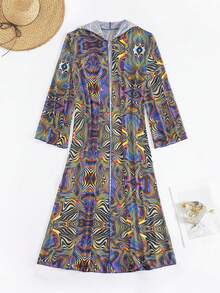 Modviera Random Print Long Sleeve Cover Up, Casual Beach, Summer Party & Music Festival - Multicolor - View 4