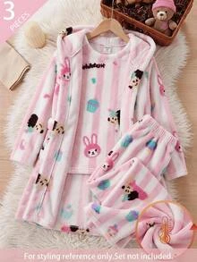 SHEIN Tween女孩可愛狗狗印花絨毛保暖內裡加厚居家服，適合日常穿著，秋冬兒童款 - 彩色 - 查看 1