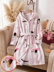 SHEIN Tween女孩可愛狗狗印花絨毛保暖內裡加厚居家服，適合日常穿著，秋冬兒童款 - 彩色 - 查看 13