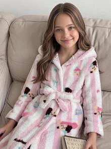 SHEIN Tween女孩可愛狗狗印花絨毛保暖內裡加厚居家服，適合日常穿著，秋冬兒童款 - 彩色 - 查看 9