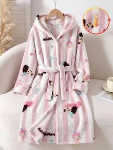 SHEIN Tween女孩可愛狗狗印花絨毛保暖內裡加厚居家服，適合日常穿著，秋冬兒童款 - 彩色 - 查看 10