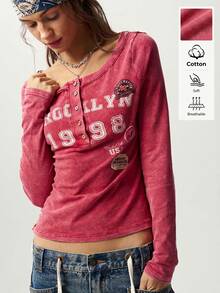 Bohemela 休閒純色針織長袖水洗女款T恤 - 紅色 - 查看 8