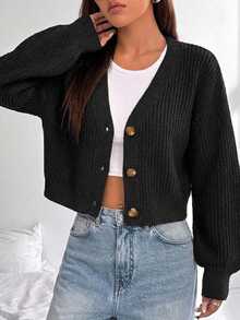 SHEIN كارديجان فضفاض طويل كاجوال رسمي للتخرج والشتاء، مقاس كبير، أسود سادة، بأكمام فانوس وأزرار أمامية، من قماش محبوك مضلع - الأسود - مشاهدة 3