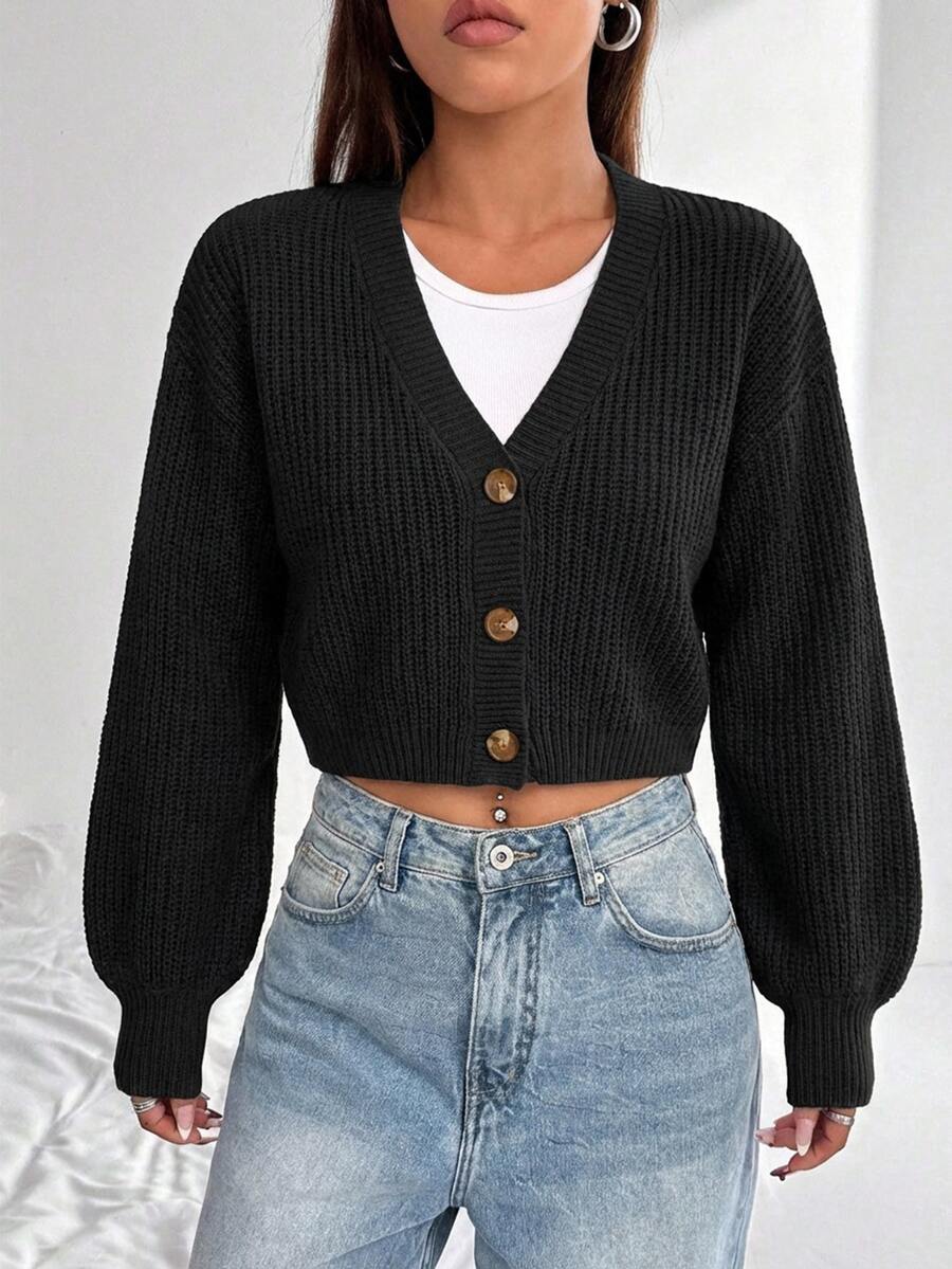 SHEIN كارديجان فضفاض طويل كاجوال رسمي للتخرج والشتاء، مقاس كبير، أسود سادة، بأكمام فانوس وأزرار أمامية، من قماش محبوك مضلع - الأسود - مشاهدة 1