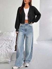 SHEIN كارديجان فضفاض طويل كاجوال رسمي للتخرج والشتاء، مقاس كبير، أسود سادة، بأكمام فانوس وأزرار أمامية، من قماش محبوك مضلع - الأسود - مشاهدة 5