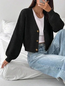 SHEIN كارديجان فضفاض طويل كاجوال رسمي للتخرج والشتاء، مقاس كبير، أسود سادة، بأكمام فانوس وأزرار أمامية، من قماش محبوك مضلع - الأسود - مشاهدة 4