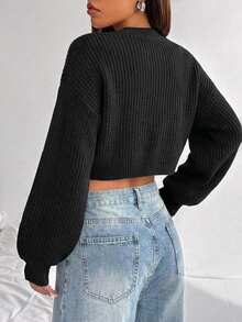 SHEIN كارديجان فضفاض طويل كاجوال رسمي للتخرج والشتاء، مقاس كبير، أسود سادة، بأكمام فانوس وأزرار أمامية، من قماش محبوك مضلع - الأسود - مشاهدة 2