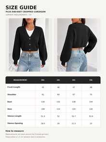 SHEIN كارديجان فضفاض طويل كاجوال رسمي للتخرج والشتاء، مقاس كبير، أسود سادة، بأكمام فانوس وأزرار أمامية، من قماش محبوك مضلع - الأسود - مشاهدة 6