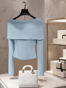 Calvaya Women's Casual Solid Color Boat Neck One-Shoulder Long Sleeve Metal Decor Pullover Sweater - Blue - View 3