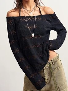 Bohemela 休閒街頭風 Grunge 純色針織露肩長袖女款 T-shirt，黑色，適合秋季夜生活與演唱會 - 黑色 - 查看 4