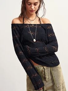 Bohemela 休閒街頭風 Grunge 純色針織露肩長袖女款 T-shirt，黑色，適合秋季夜生活與演唱會 - 黑色 - 查看 6