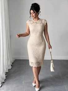 Elenzga Plus Size Women's Cap Sleeve Fitted Eyelash Lace Trim Elegant Dress - Apricot - View 5