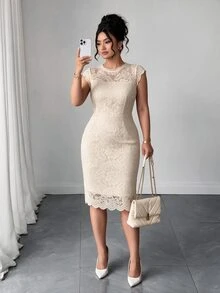 Elenzga Plus Size Women's Cap Sleeve Fitted Eyelash Lace Trim Elegant Dress - Apricot - View 4