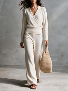 LUMIGAL Autumn/Winter Korean Style Solid Color V-Neck Criss-Cross Top & Wide Leg Pants 2 Pieces Set - Apricot - View 5
