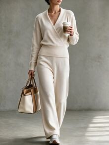 LUMIGAL Autumn/Winter Korean Style Solid Color V-Neck Criss-Cross Top & Wide Leg Pants 2 Pieces Set - Apricot - View 6