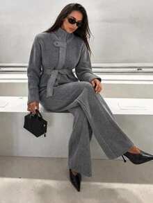 SHEIN جمبسوت نسائي من قماش محبوك مضلع بحزام وساق واسعة مع أزرار غير متماثلة وياقة وهمية، بأسلوب شتوي مريح - رمادي - مشاهدة 1