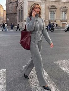 SHEIN جمبسوت نسائي من قماش محبوك مضلع بحزام وساق واسعة مع أزرار غير متماثلة وياقة وهمية، بأسلوب شتوي مريح - رمادي - مشاهدة 3