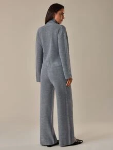 SHEIN جمبسوت نسائي من قماش محبوك مضلع بحزام وساق واسعة مع أزرار غير متماثلة وياقة وهمية، بأسلوب شتوي مريح - رمادي - مشاهدة 8