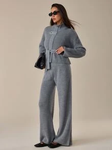 SHEIN جمبسوت نسائي من قماش محبوك مضلع بحزام وساق واسعة مع أزرار غير متماثلة وياقة وهمية، بأسلوب شتوي مريح - رمادي - مشاهدة 5