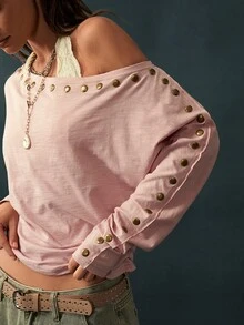Bohemela Women's Rivet Design Asymmetric Shoulder Long Sleeve Casual T-Shirt Night Out Dusty Pink Fall Everyday - Pink - View 1