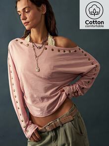 Bohemela Women's Rivet Design Asymmetric Shoulder Long Sleeve Casual T-Shirt Night Out Dusty Pink Fall Everyday - Pink - View 7