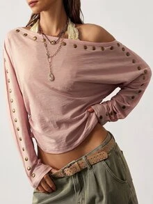 Bohemela Women's Rivet Design Asymmetric Shoulder Long Sleeve Casual T-Shirt Night Out Dusty Pink Fall Everyday - Pink - View 9