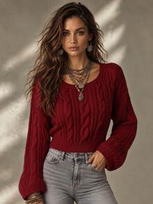 Calvaya Short Crew Neck Solid Color Knit Sweater For Spring/Autumn,Long Sleeve Tops, Knit Pullover Fall Winter - Red - View 1