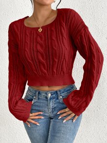 Calvaya Short Crew Neck Solid Color Knit Sweater For Spring/Autumn,Long Sleeve Tops, Knit Pullover Fall Winter - Red - View 8