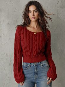 Calvaya Short Crew Neck Solid Color Knit Sweater For Spring/Autumn,Long Sleeve Tops, Knit Pullover Fall Winter - Red - View 3
