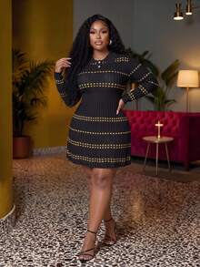 Veslaya Plus Size Button Half-Placket Plaid Long Sleeve Sweater Dress Fall Night Evening Party Black And Gold Elegant - Black - View 1