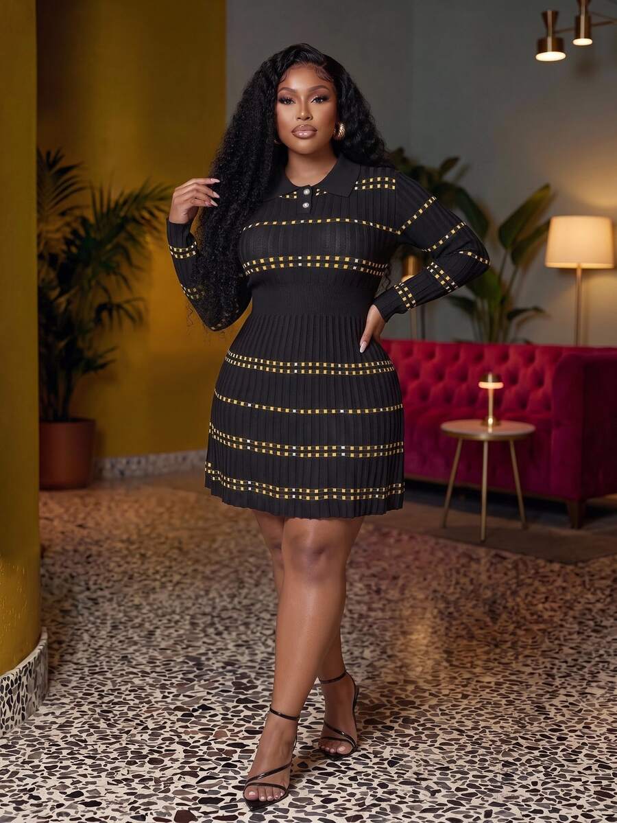 Veslaya Plus Size Button Half-Placket Plaid Long Sleeve Sweater Dress Fall Night Evening Party Black And Gold Elegant - Black - View 1