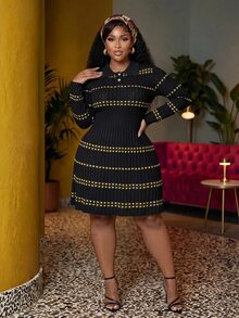 Veslaya Plus Size Button Half-Placket Plaid Long Sleeve Sweater Dress Fall Night Evening Party Black And Gold Elegant - Black - View 4