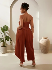 Veslaya 春夏度假海灘早午餐假日曬日光浴飯店郵輪通勤派對純色無袖抹胸大尺碼連身褲棕色 - 紅木色 - 查看 2