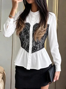 Modelyn بلوزة نسائية أنيقة بأسلوب فرنسي للخريف/الشتاء، ياقة واقفة، رقعات دانتيل، خصر مشدود، حافة مكشكشة، أكمام طويلة، تصميم نحيف - متعدد الألوان - مشاهدة 5