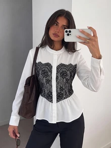 Modelyn بلوزة نسائية أنيقة بأسلوب فرنسي للخريف/الشتاء، ياقة واقفة، رقعات دانتيل، خصر مشدود، حافة مكشكشة، أكمام طويلة، تصميم نحيف - متعدد الألوان - مشاهدة 6