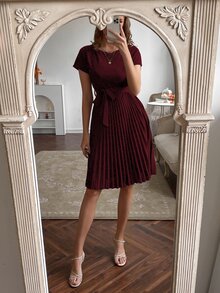 Calvaya Pleated Hem Self Belted Dress Burgundy Color Women Outfit - Burgundy - View 6