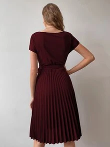 Calvaya Pleated Hem Self Belted Dress Burgundy Color Women Outfit - Burgundy - View 5