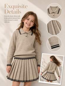 SHEIN Girls' Fashion Academy Style Navy Collar Handmade Bow Knitted Sweater Long Sleeve Skirt Set Pullover Autumn Winter - Khaki - View 7