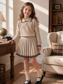 SHEIN Girls' Fashion Academy Style Navy Collar Handmade Bow Knitted Sweater Long Sleeve Skirt Set Pullover Autumn Winter - Khaki - View 6