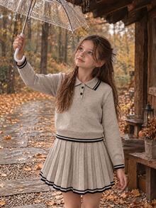 SHEIN Girls' Fashion Academy Style Navy Collar Handmade Bow Knitted Sweater Long Sleeve Skirt Set Pullover Autumn Winter - Khaki - View 8