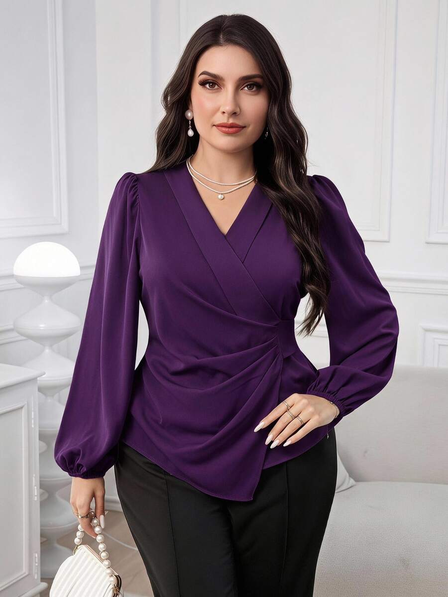 Modelyn Plus Size Women Elegant Solid Color Ruffled Lantern Sleeve Shirred Wrap Hem Slim Fit Blouse, Spring/Autumn Fall - Purple - View 1