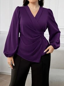 Modelyn Plus Size Women Elegant Solid Color Ruffled Lantern Sleeve Shirred Wrap Hem Slim Fit Blouse, Spring/Autumn Fall - Purple - View 5