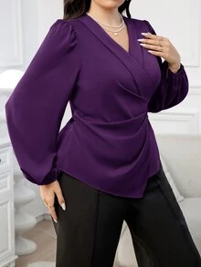 Modelyn Plus Size Women Elegant Solid Color Ruffled Lantern Sleeve Shirred Wrap Hem Slim Fit Blouse, Spring/Autumn Fall - Purple - View 4