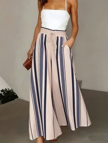 Calvaya Summer French Casual Striped Wide Leg Pants,High Waist Drawstring Elastic Loose Fit Vacation Holiday Boho Beige Beach Commute Versatile Slim Trousers - Apricot - View 4