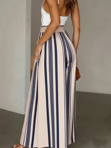 Calvaya Summer French Casual Striped Wide Leg Pants,High Waist Drawstring Elastic Loose Fit Vacation Holiday Boho Beige Beach Commute Versatile Slim Trousers - Apricot - View 5