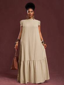 Veslaya Spring/Summer New Arrival Vacation Elegant Casual Loose Solid Beige Woven Textured Fabric Sleeveless Ruffle Trim Collar Maxi Dress For Plus Size Women - Apricot - View 4